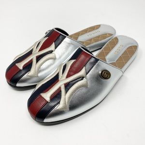GUCCI Women’s NY Yankees Patch Mule Slide Leather Sandals Silver Size 36…